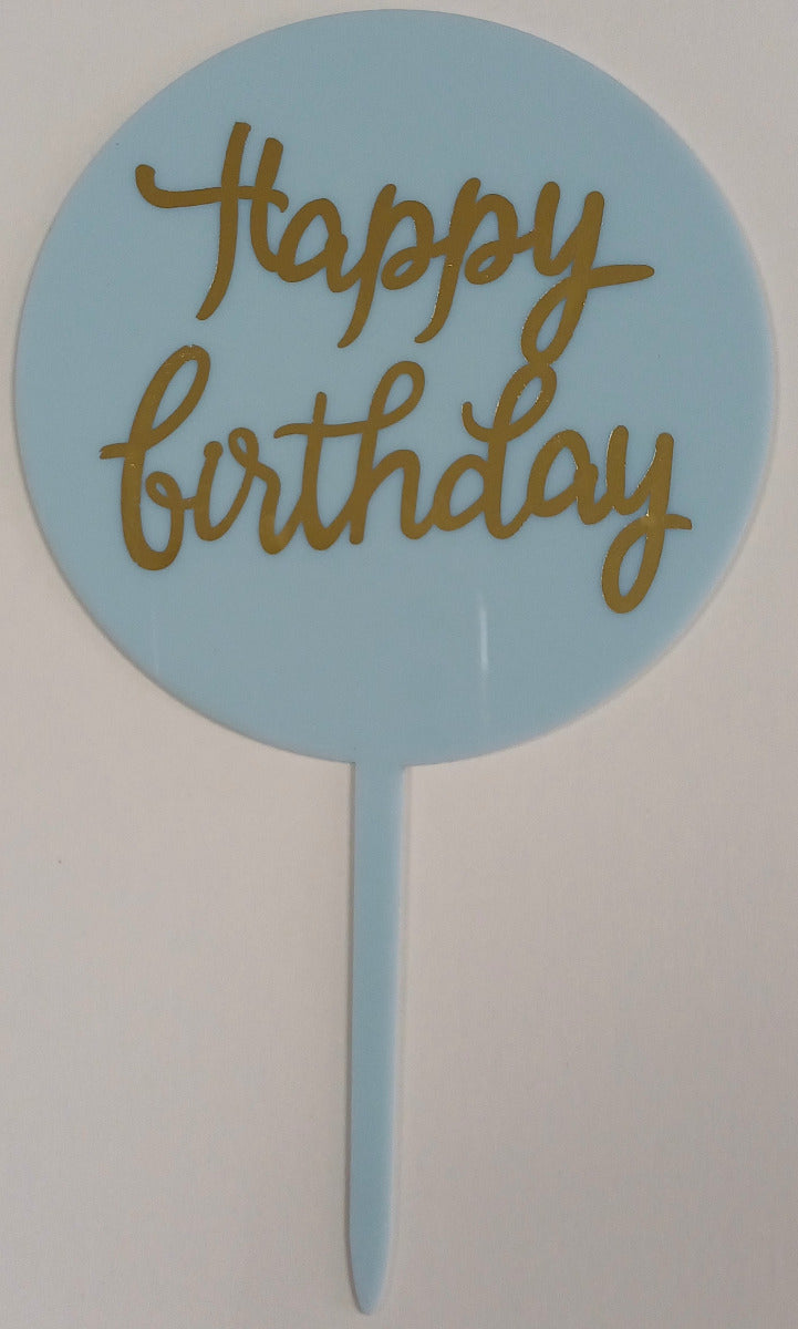 Cake Toppers Acrylic Round Happy Birthday Blue & Gold