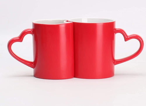 Mugs Couple Interlocking Color Change Heart Handle Red