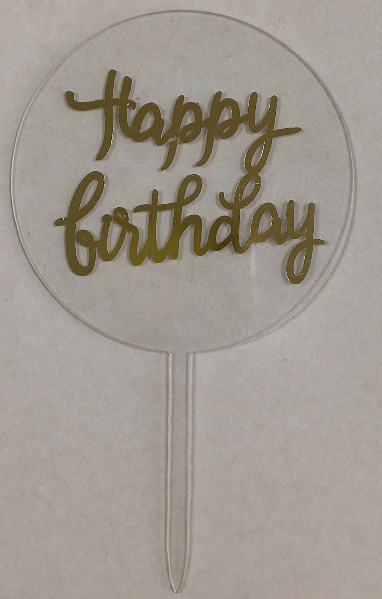 Cake Toppers Acrylic Round Happy Birthday Clear & Gold