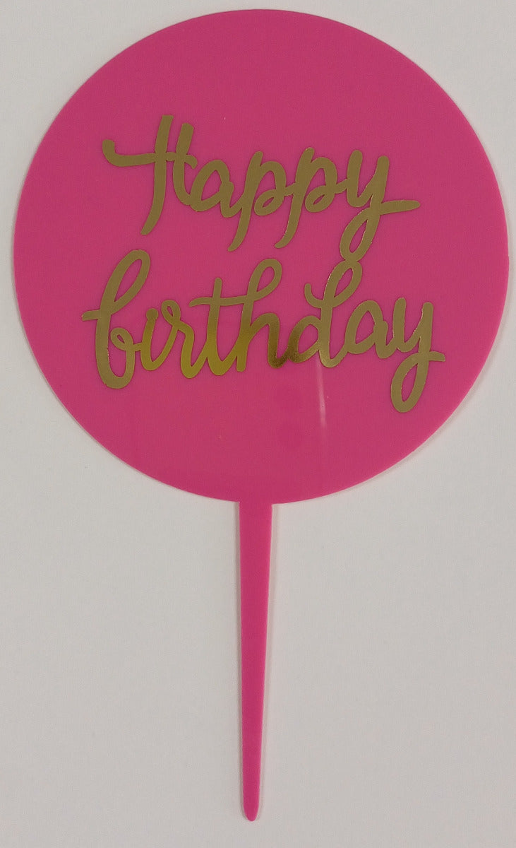 Cake Toppers Acrylic Round Happy Birthday Pink & Gold